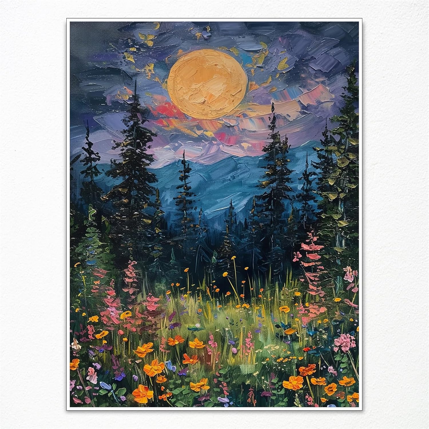 Yuaruo Vintage Full Moon Above The Wildflowers Nature Posters, Mystical Midnight Woodland Canvas Wall Art Print, Retro Flowers and Trees Oil Painting, Dark Forest Landscape 12x16in Unframed