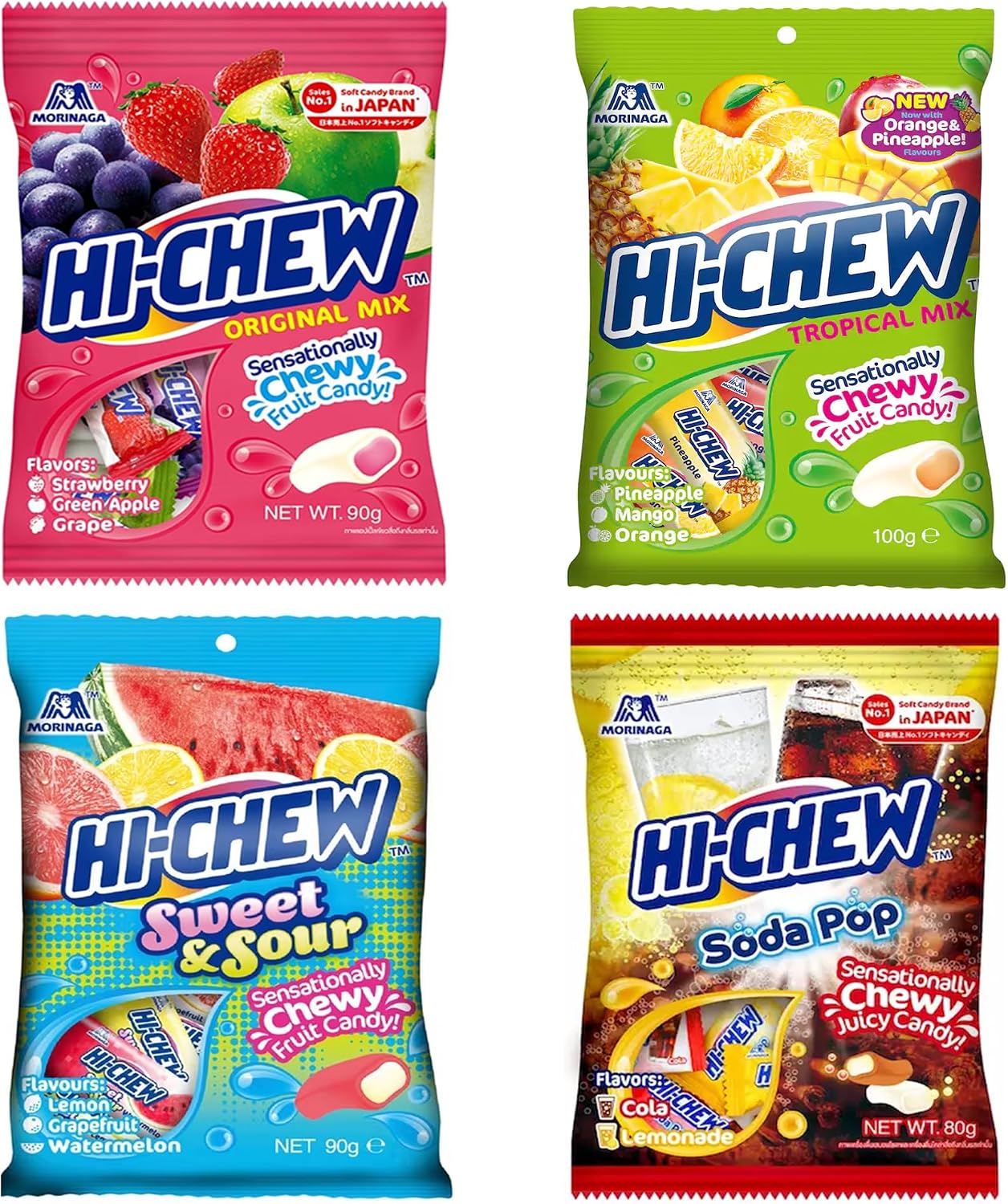 Hi Chew Japanese Candy Variety Pack (4 Pack - Original Mix (90g), Sweet & Sour (90g), Soda Pop (80g), Tropical Mix (90g))