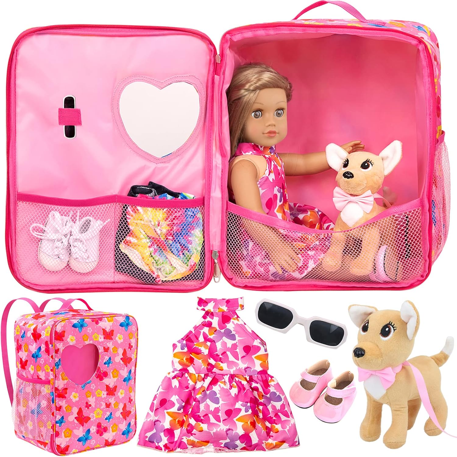 ZITA ELEMENT 18 Inch Girl Doll Carrier Bag Set - 5 Pieces: Carrier Backpack, Dress, Shoes, Sunglasses, Toy Dog - Multi-color, Animal Theme - Ages 3+