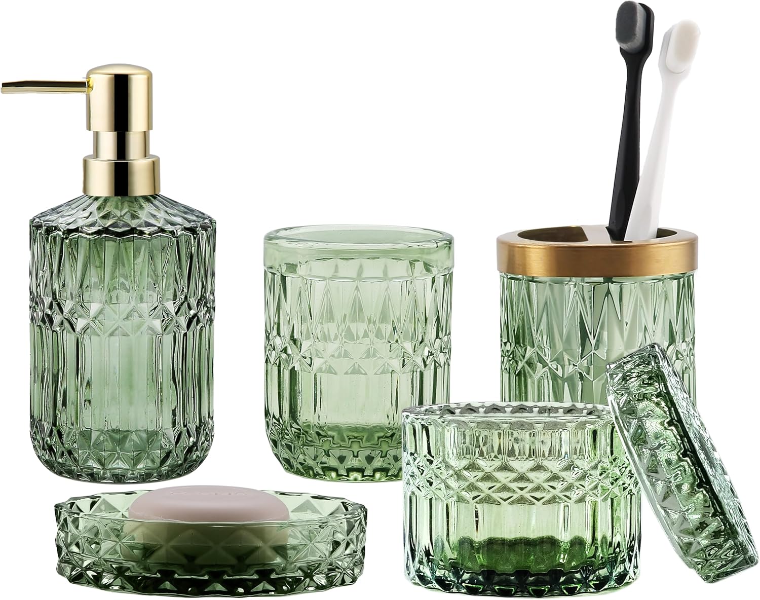 Green Bathroom Accessories Set, 5Pcs Clear Glass Bathroom Accessories, Hand Soap Dispenser, Soap Dish, Toothbrush Holder Set, Tumbler, Qtips Holder for Modern Bath Countertop Decor