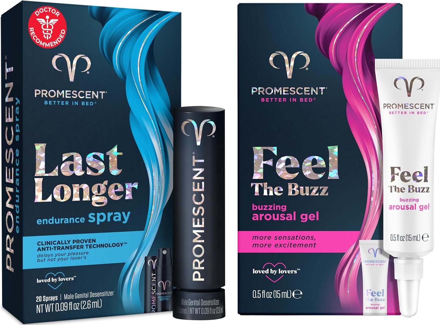 Promescent Desensitizing Delay Spray for Men, Last Longer in Bed + Women's Buzzing Gel for Intense Sensations Bundle