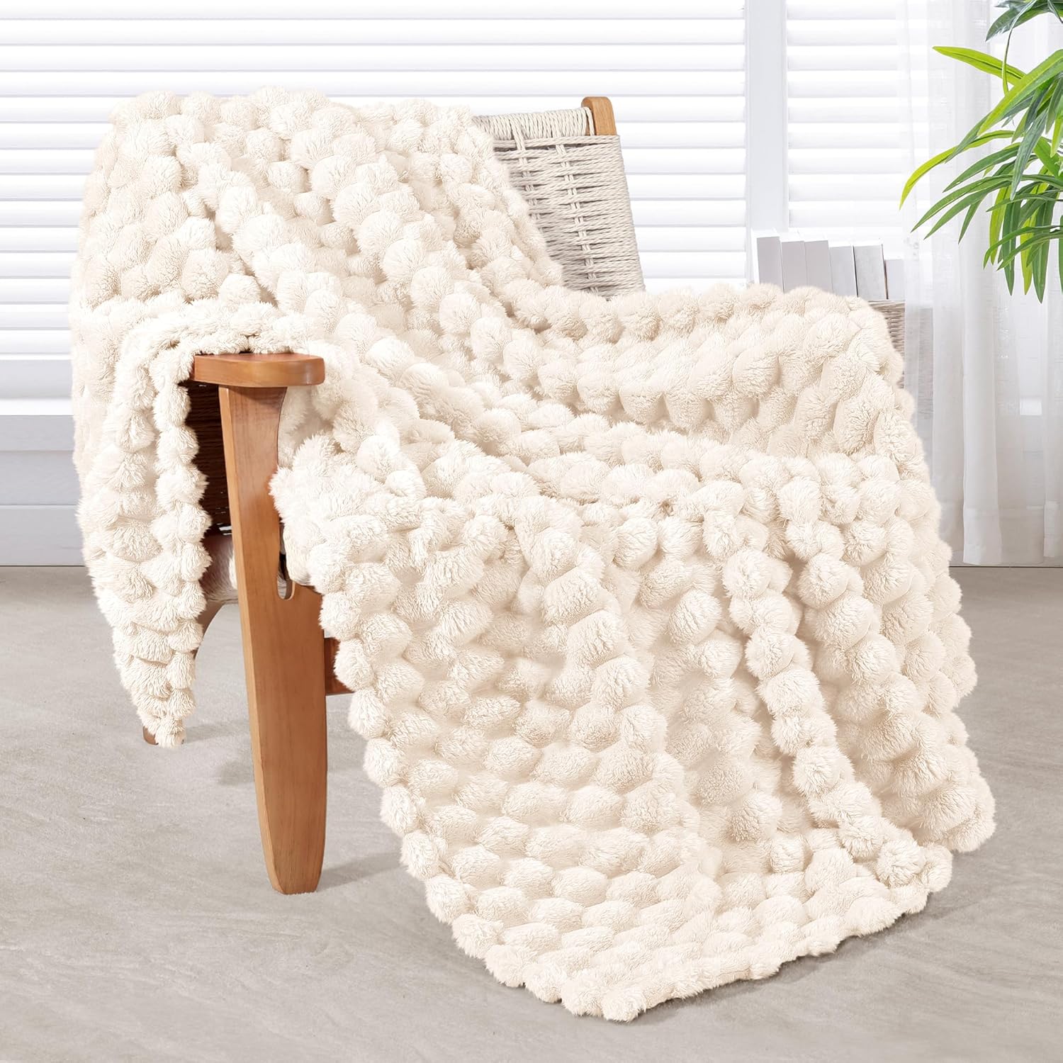 Whale Flotilla Throw Blanket for Couch with Jacquard Pattern, Fuzzy Soft Cozy Exquisite Blankets for All Season, Warm and Fluffy, 50x60 Inch, Ivory