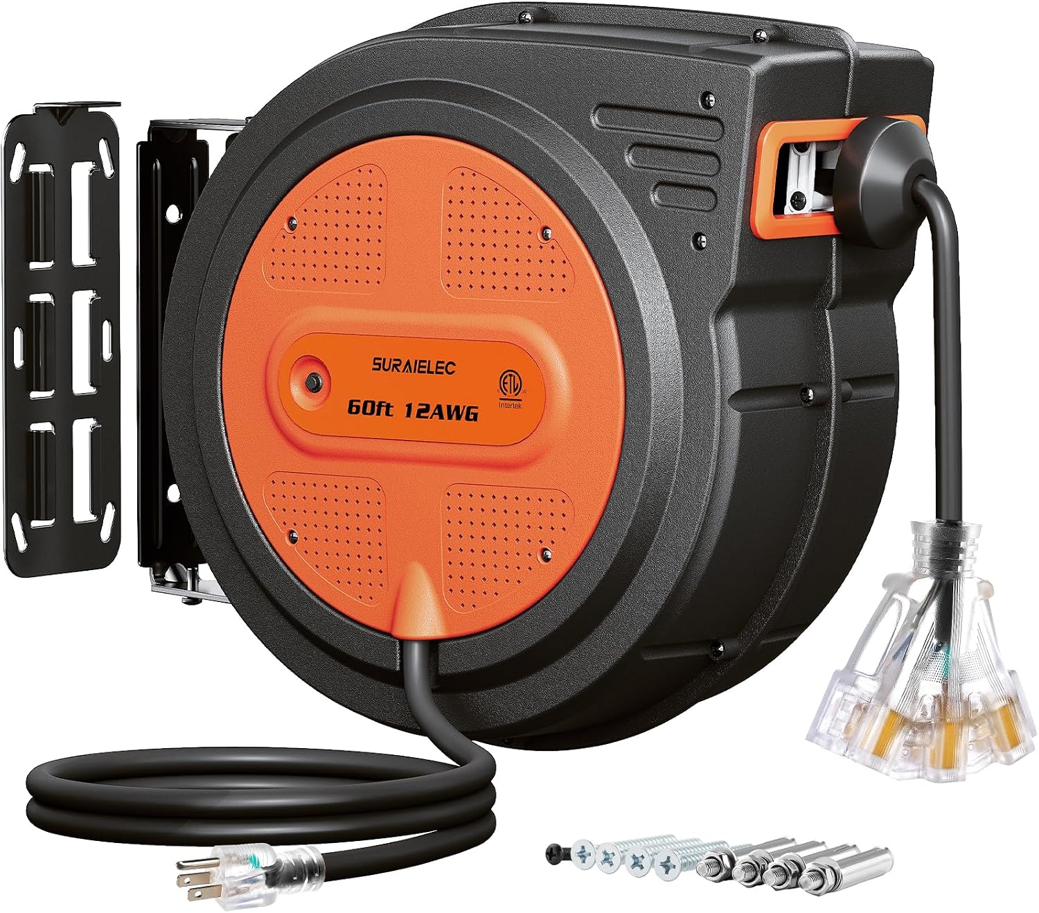 SURAIELEC 12 Gauge Extension Cord Reel, 60FT, ETL Listed, Orange | Auto-Rewind, Lighted Triple Tap, 12 AWG SJTOW Heavy Duty Power Cord, 13 AMP Circuit Breaker, Ceiling/ Wall Mount for Garage