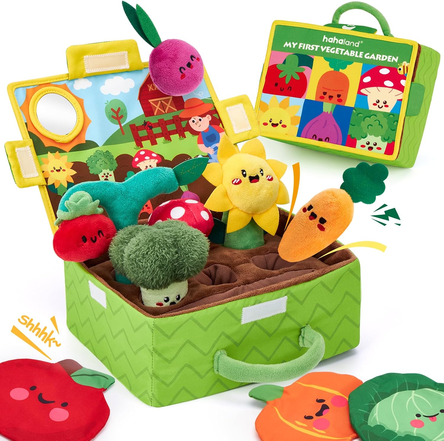 hahaland Baby Toys 6-12 Months - Fruits Vegetables Garden Plant Farm Plush | 6 Month Old Montessori Sensory Toys Carrot Flower with Rattles Mirror Squeaker Crinkle Tissues, 9 Month Old Gifts for Babies
