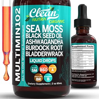 Clean Nutraceuticals Sea Moss Liquid Drops Supplement with Black Seed Oil Ashwagandha Burdock Root & Bladderwrack - Multimineral Organic Non-GMO Vegan for Gut Heath Skin Immune Support Hair