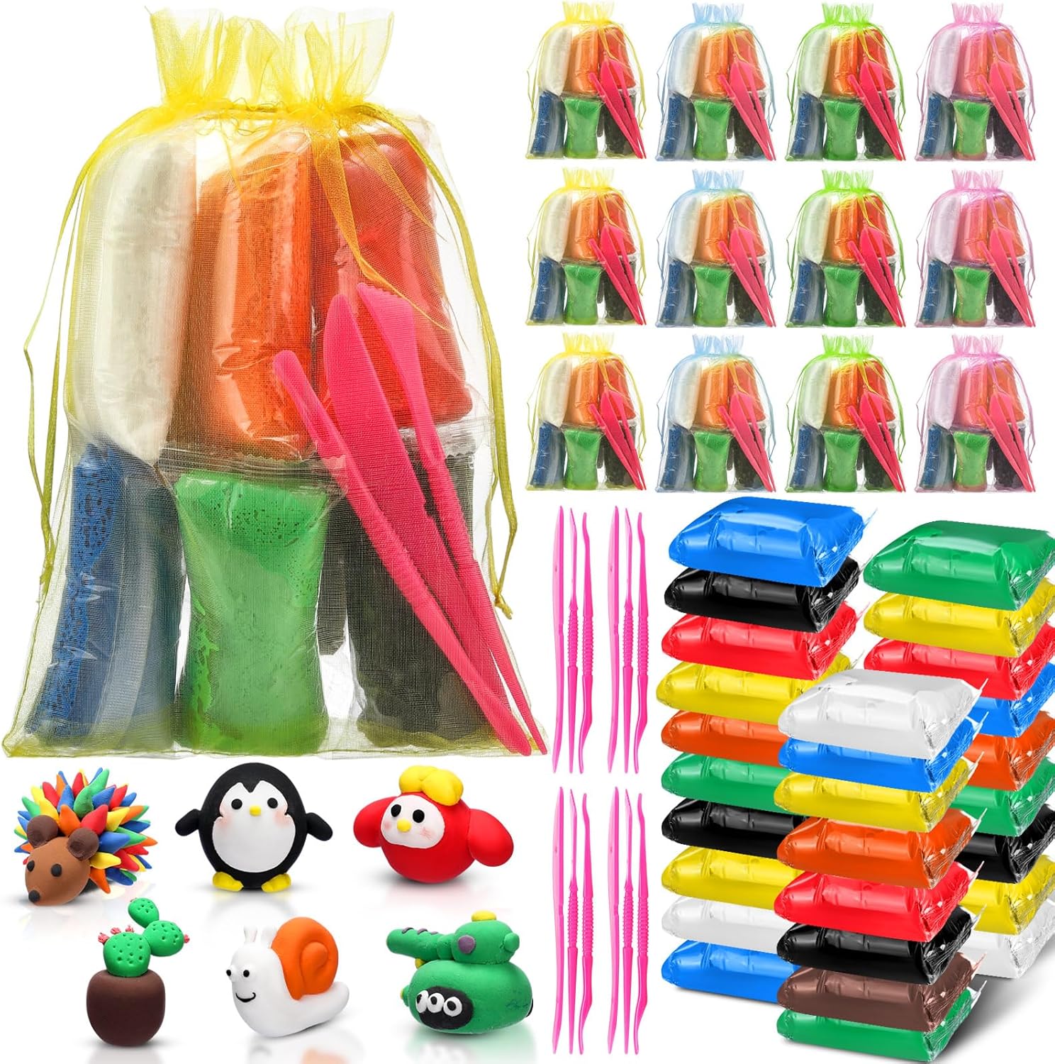 96 Pcs Air Dry Clay Kit for Kids 8 Colors Modeling Clay with 12 Sculpting Tools and 12 Organza Bag DIY Soft Model Craft for School Creative Gift, Arts & Crafts Party Favors