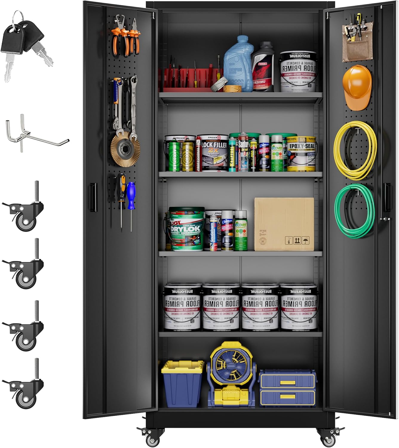Aobabo 73''H Metal Garage Storage Cabinet with Wheels,Steel Cabinets with 2 Doors and 4 Adjustable Shelves for Home Office,Required Assembly,Black
