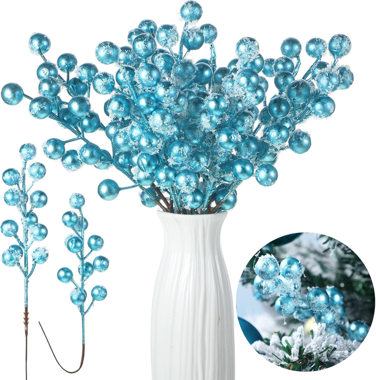 Censen 36 Packs Snow Frosted Artificial Berry Stems 8 Inch Snowy Christmas Red Spray Picks Holly Berry Branches for Christmas Tree Decoration Holiday DIY Crafts Ornaments Home Decor (Blue)