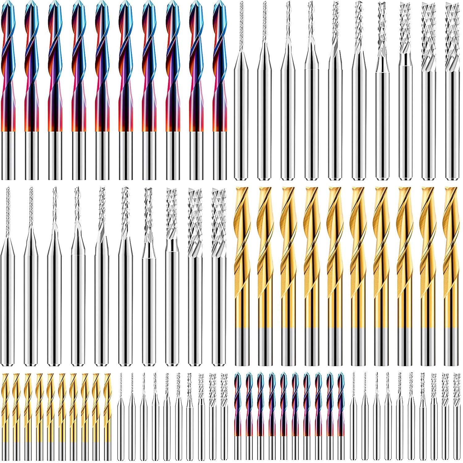 Threlaco 80 Pcs End Mills CNC Router Bits, 1/8" Shank CNC Cutter Milling Carving Bit Set Including 2-Flute Flat Nose and Ball Nose Milling Bits, Nano Blue Coat and Titanium Coat CNC Kit