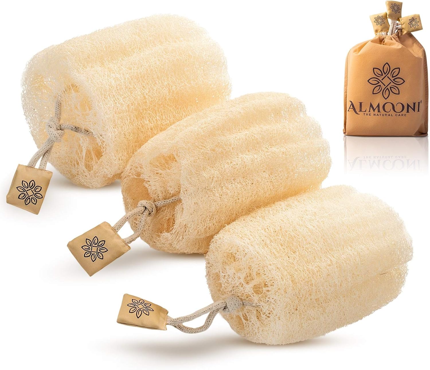 ALMOONI Natural Loofah Body Scrubber, Egyptian Loofah Sponge, 3 Count