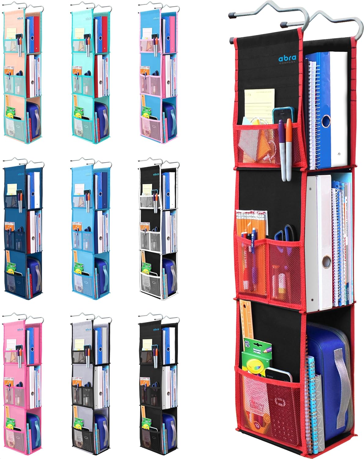ABRA® 3 Shelf Hanging Locker Organizer for School, Gym, Work, Storage | Deep Shelves 6.5”x 9”| Eco-Friendly Fabric Healthy for Children | Adjustable School Locker Shelf from 3 to 2 Shelves (Black/Red)