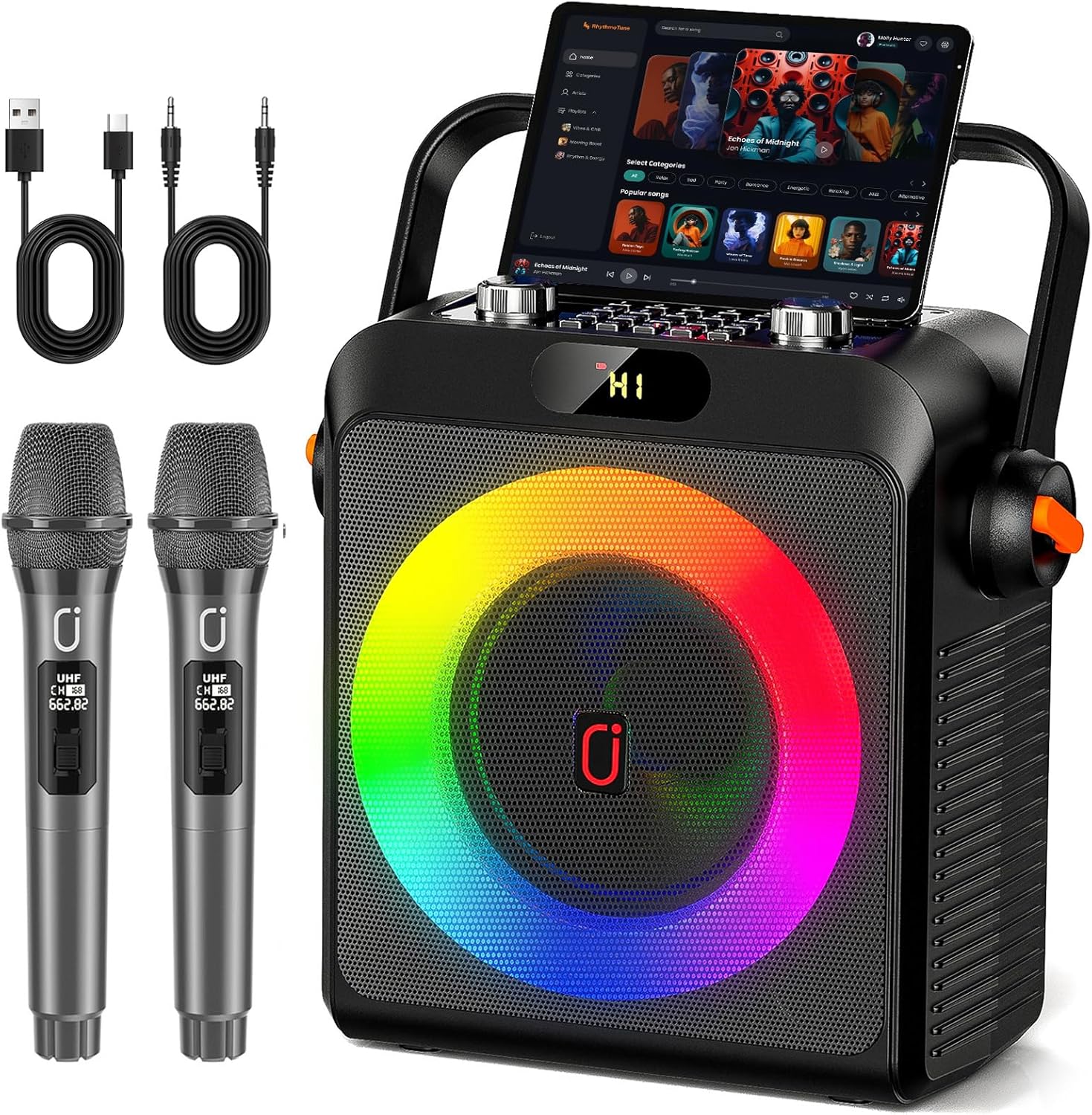 Karaoke Machine with 2 Wireless Microphones for Adults, Bluetooth 5.3 Speaker with Upgraded Subwoofer, Bass Boost | Home Party PA System, Outdoor Gatherings, Support TV/AUX/USB/TF Card/Live