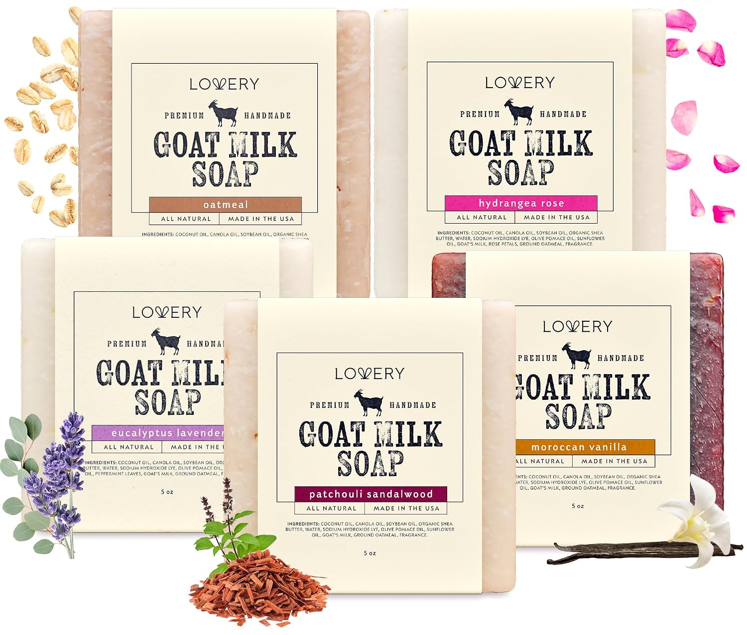 LOVERY Goat Milk Soap with Organic Shea Butter - Goats Milk Soap Bars - Oatmeal, Eucalyptus Lavender, Moroccan Vanilla, Hydrangea Rose, Patchouli Sandalwood, All Natural Soap Bar, 5 Pack