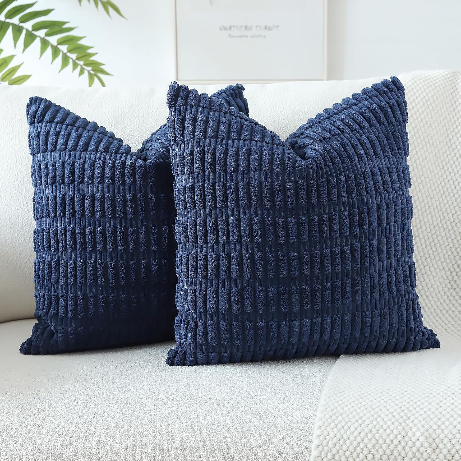 JOTOM Set of 2 Corduroy Soft Striped Cushion Covers 45x45 cm Decorative Throw Pillow Covers Square Cushion Case Home Boho Decor Pillow Cases for Couch Sofa Bedroom 18x18 Inch (Navy Blue)