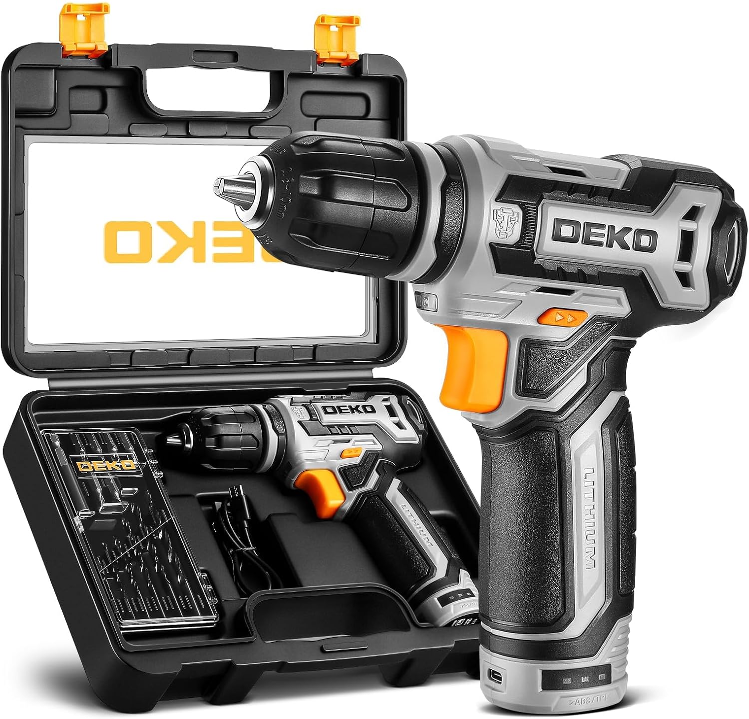 Cordless Drill：DEKOPRO 12V Power Battery Drill Set with Small Electric Drills and 3/8-inch Keyless Chuck with Portable Tool Set Gift Box (Grey)