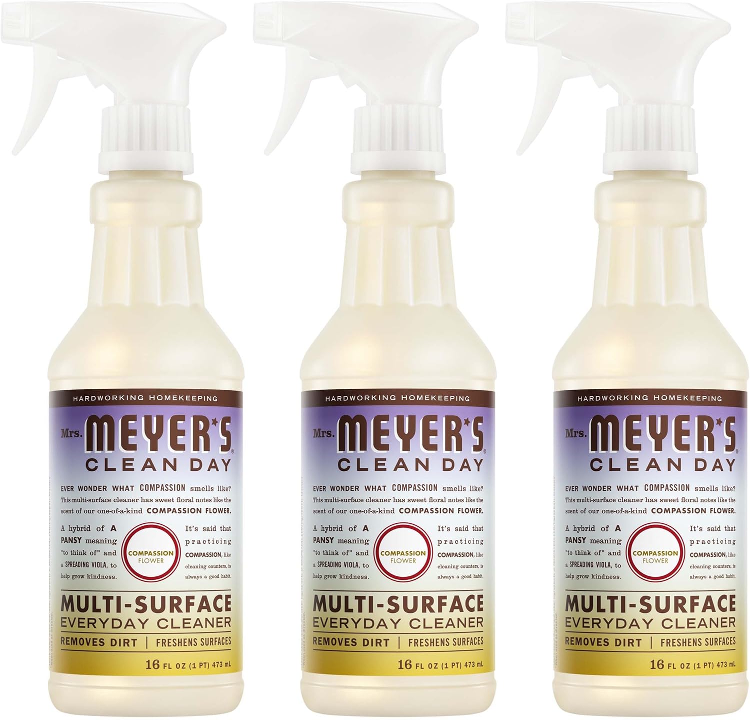 MRS. MEYER'S CLEAN DAY Multi-Surface Everyday Cleaner, Compassion Flower Scent, 16 Fl Oz Bottle - 3 Pack | 16 fl oz, Removes Dirt and Freshens Surfaces, Everyday Use, All-Purpose Cleaner, Cruelty Free, Made with Essential Oils