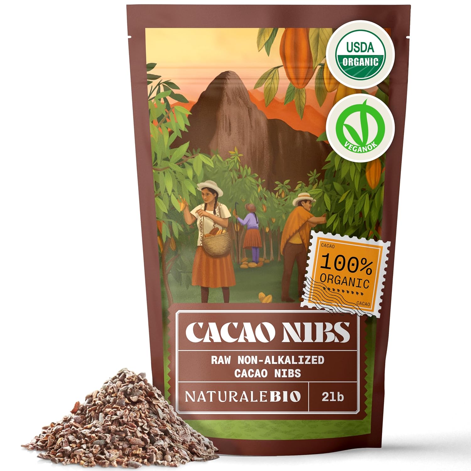 NaturaleBio Cacao Nibs Organic 2 lb. Unsweetened, Non-Alkalized and Pure. Sugar-Free Dark Chocolate Chips Substitute. Non-GMO, Gluten Free, Tested for Heavy Metals. From Raw Cacao Beans