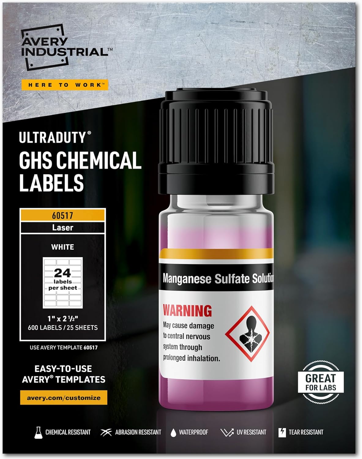 Avery UltraDuty GHS Chemical Labels for Laser Printers, Waterproof, UV Resistant, 1 x 2.5, Pack of 600 (60517)