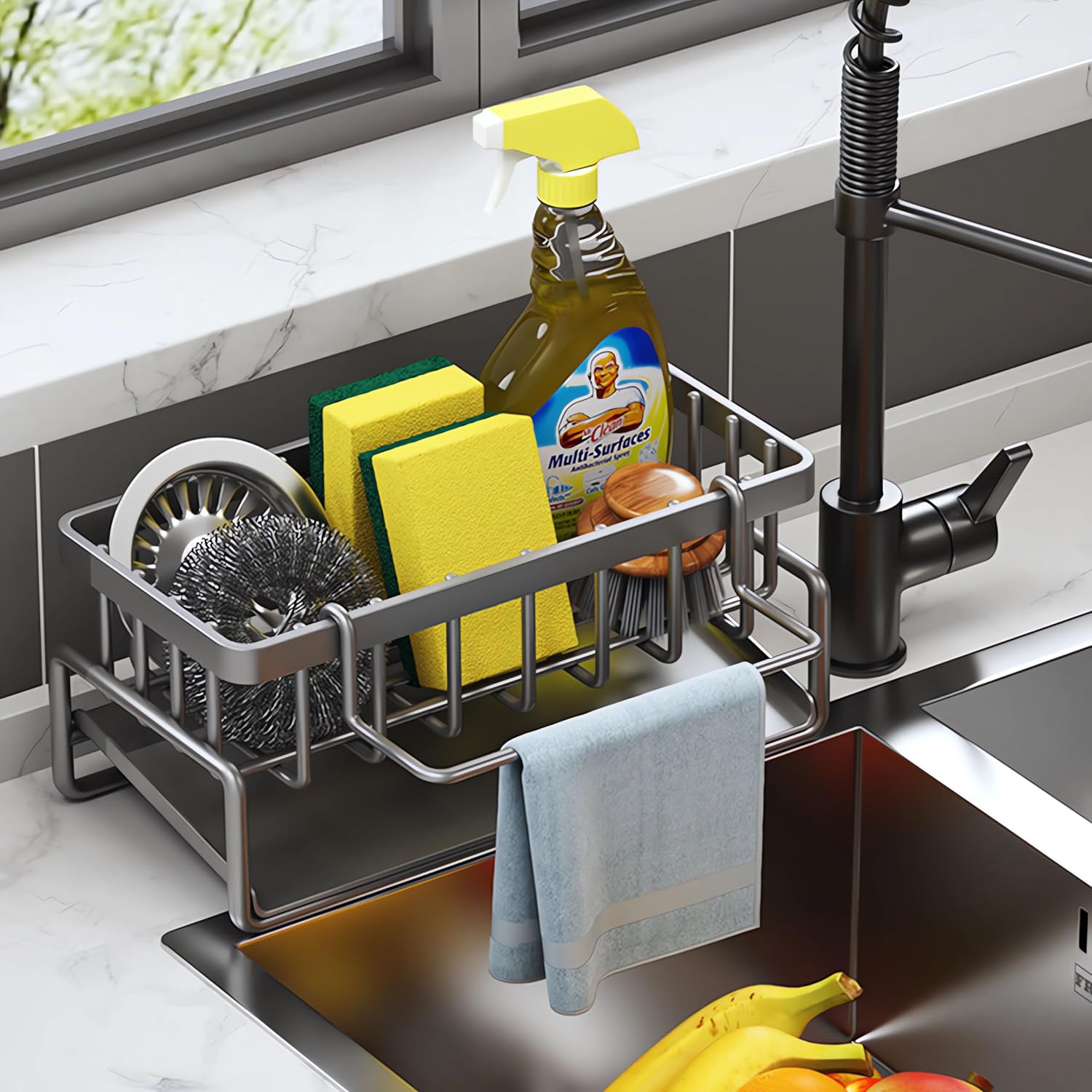 ViWaVee Sink Caddy -Sink Organiser with Sponge Holder, Sink Tidy for Kitchen Storage & Organisation | Accessories.(Grey)