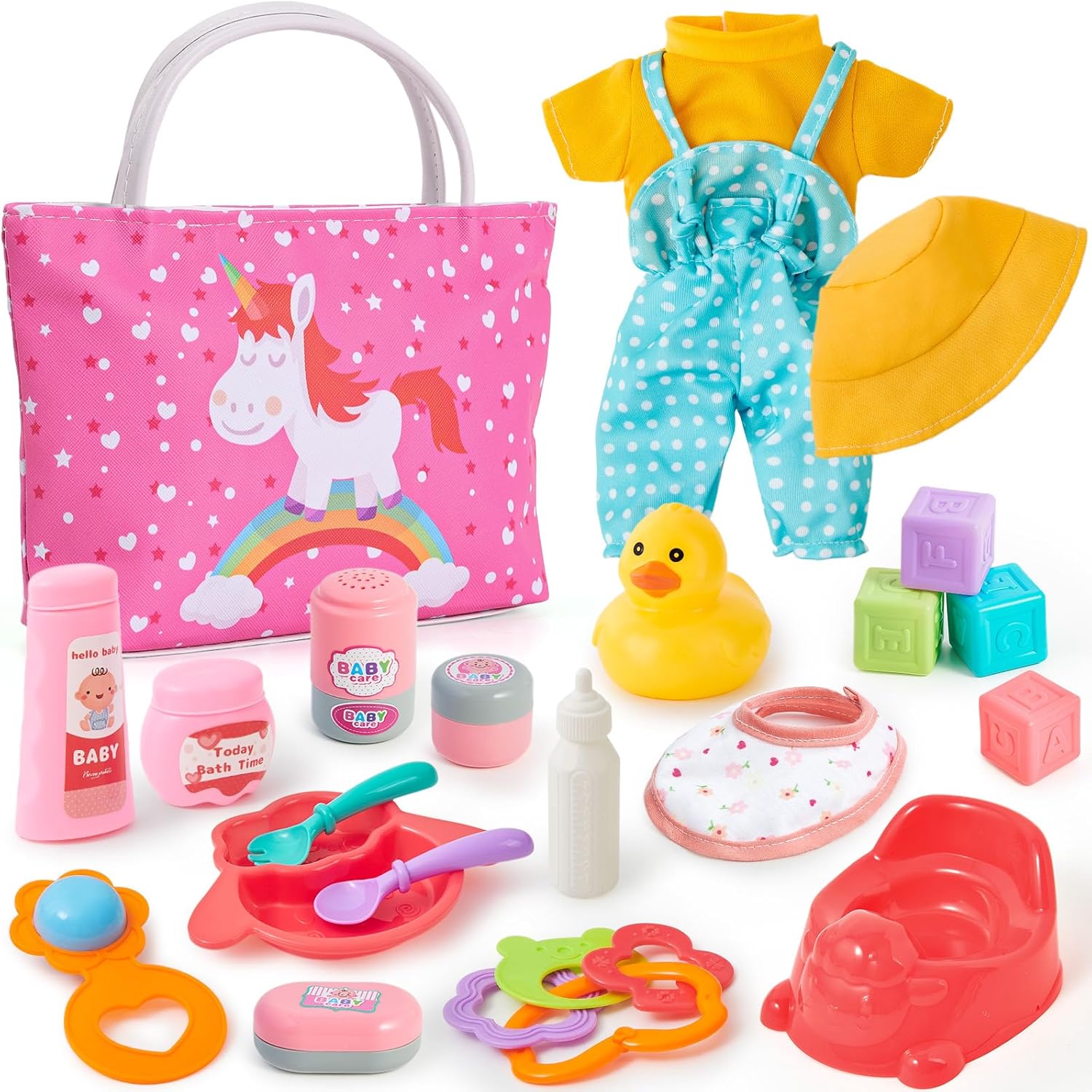 G.C Baby Doll Accessories Girls Toys Gifts Wtih Unicorn Handbag Baby Cloth Bottle Bath Feeding Set, Reborn Accessoriess Role Play Toys Gift for Age 3+