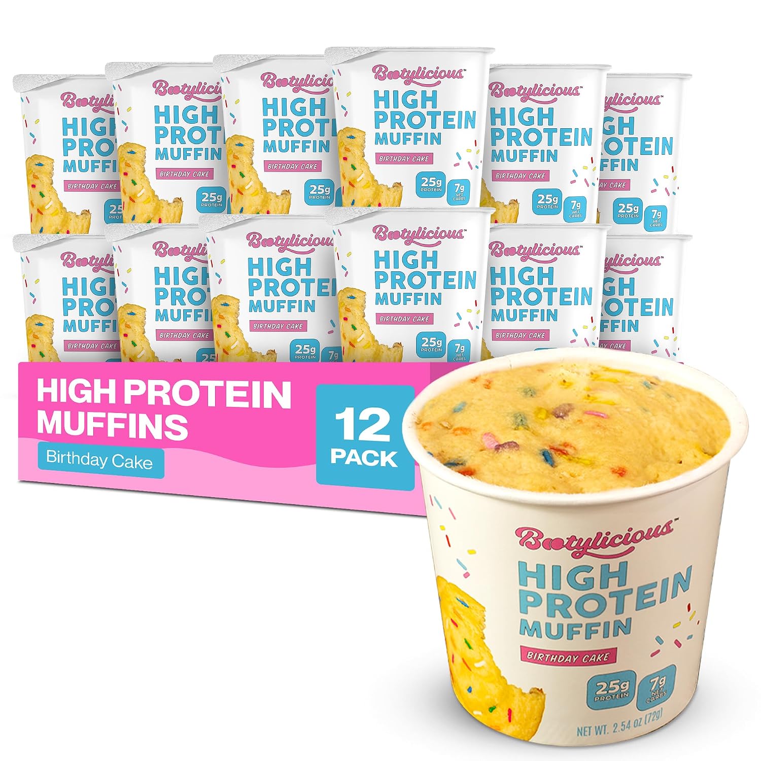 Bootylicious | 25g Protein Muffin | Birthday Cake | Low Carb, 16g Fiber, Low Glycimic Index, Low Sugar, 2.54oz Cup, 12-Pack