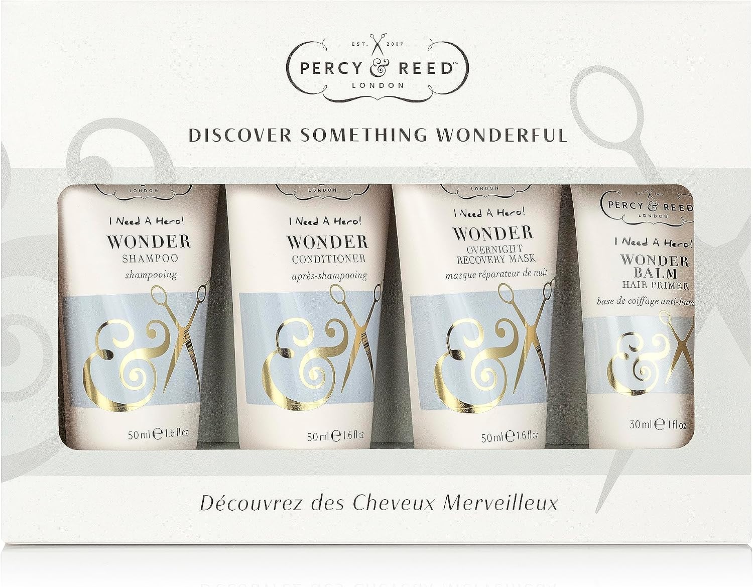 Percy & Reed I Need A Hero! Discover Something Wonderful Gift Set - Complete Hair Care Gift Set 4-In-1 - Includes Wonder Range Shampoo, Conditioner, Hair Balm, Overnight Recovery - Great Gift for Her