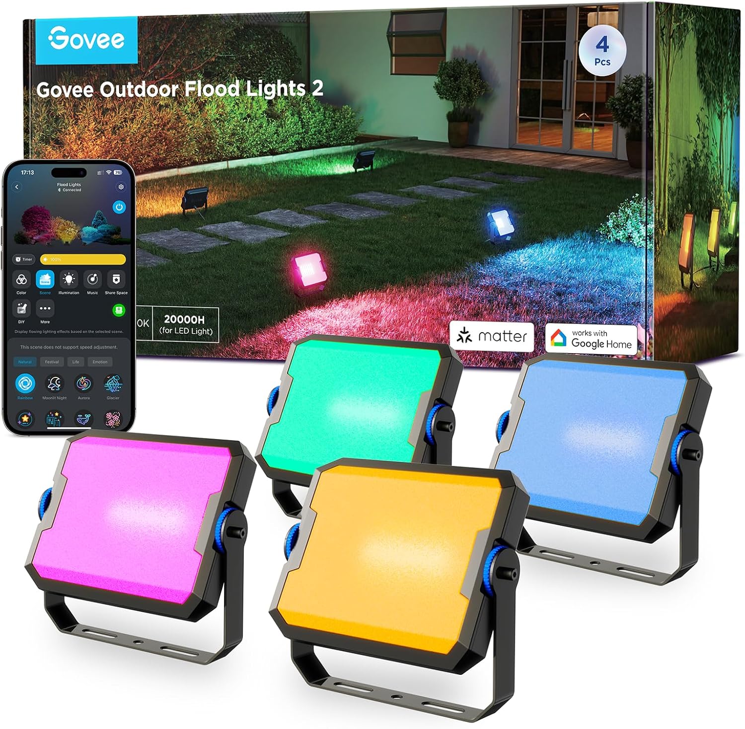 Govee Outdoor Flood Lights 2, RGBIC Floodlight Warm White with Alexa, Google Home, Matter, 50+ Scene Led Floodlight, Upgrated IP66 Waterproof Outdoor Led Lights for Garden, Courtyard, Landscap, 4 Pcs