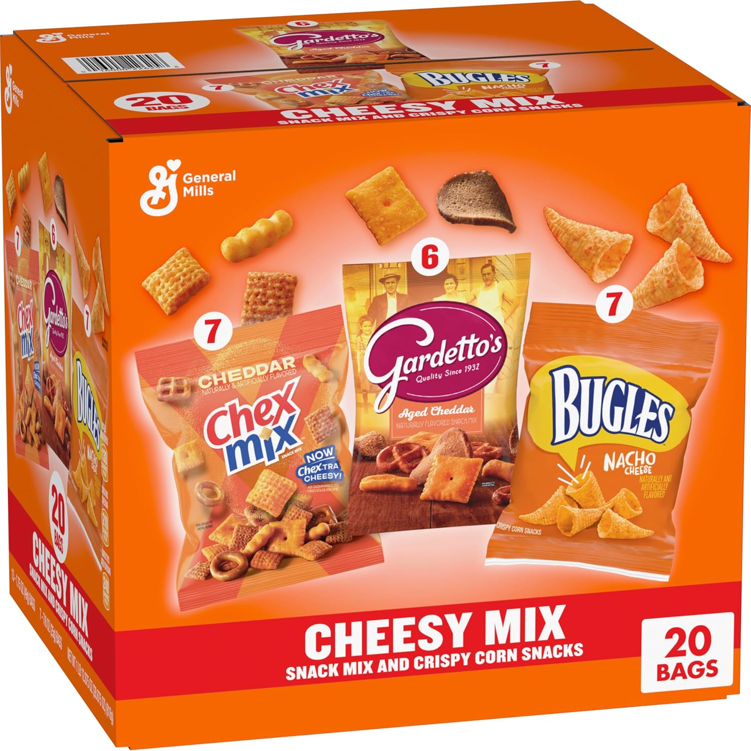 Cheesy Mix Variety Pack Snacks, 20 ct, 28.9 oz | 7 Chex Mix Cheddar, 6 Gardetto's Aged Cheddar, 7 Bugles Nacho Cheese, Single Serve Bags