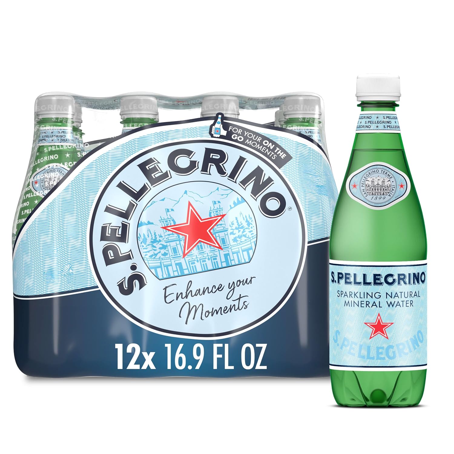 S.Pellegrino Sparkling Natural Mineral Water, Plastic Bottles, 16.9 Fl Oz (Pack of 12) | Natural sparkling mineral water; 12 x 16.9 fl oz plastic bottles