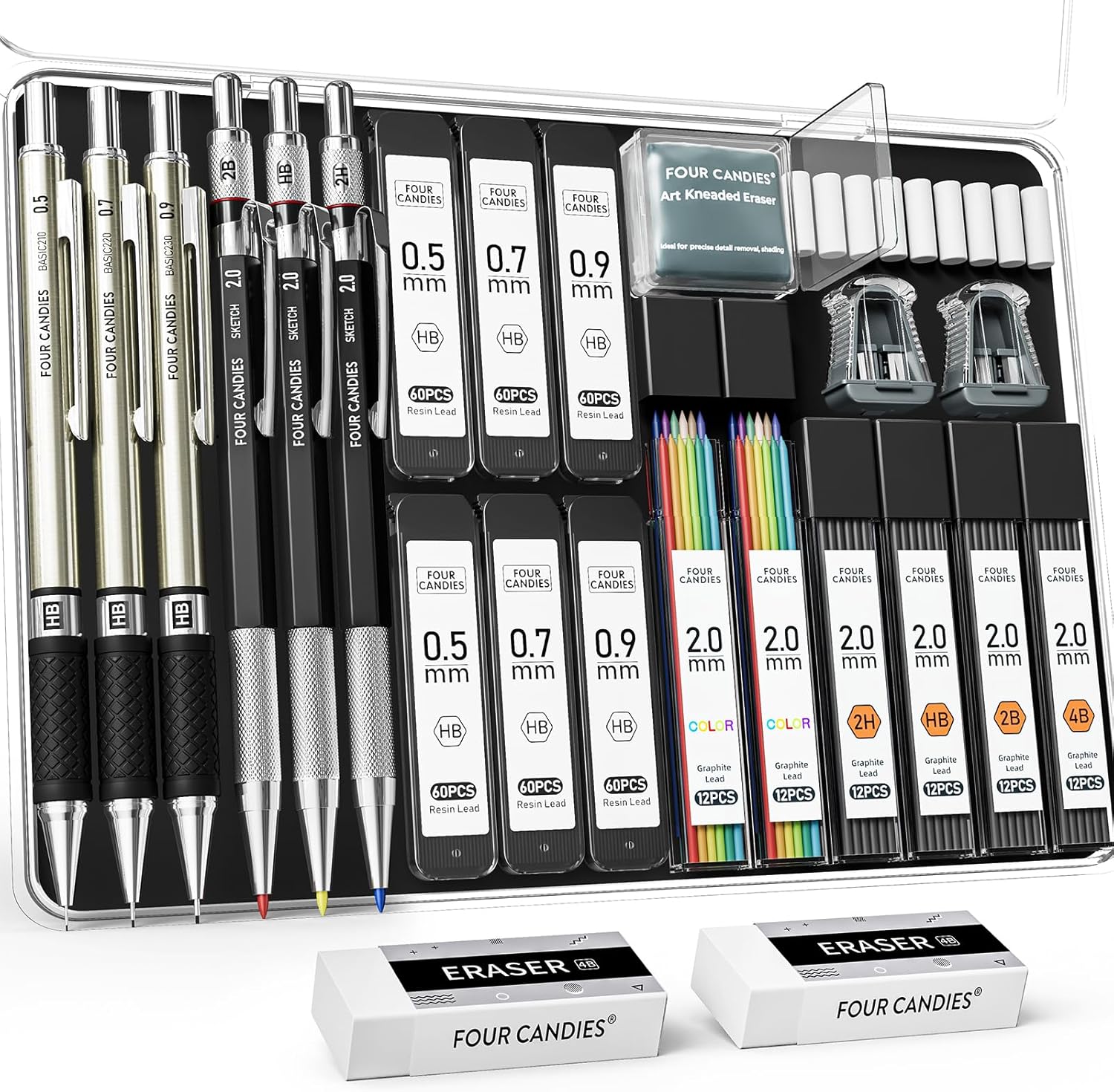 Four Candies 25PCS Art Mechanical Pencil Set with Case, 3PCS Metal Artist Lead Pencil 0.5, 0.7, 0.9 mm & 3PCS 2mm Holder(HB 2H 2B 4B Color) with 432PCS Graphite Lead Refills for Drawing Sketching