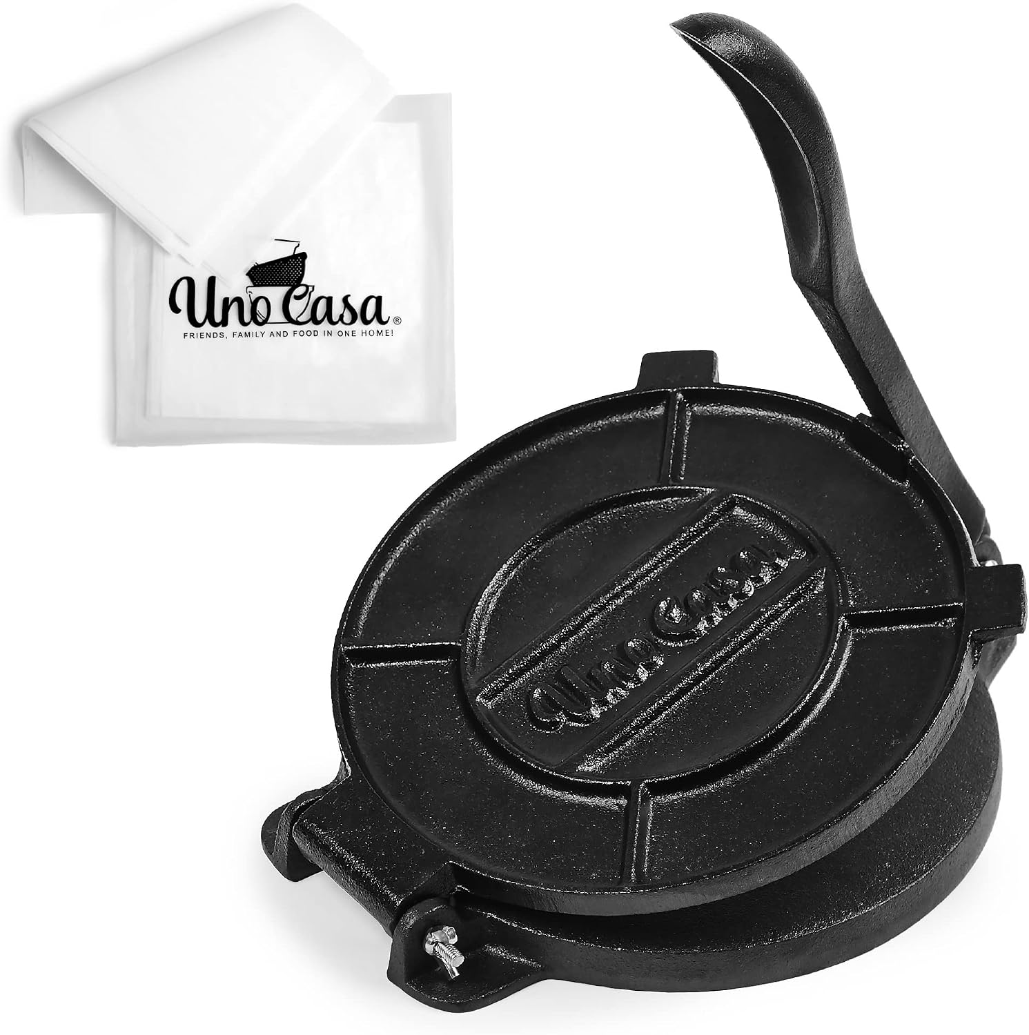 Uno Casa Tortilla Press Cast Iron - 8 Inch, Pre-Seasoned Tortilla Maker with 100 Pcs Parchment Paper - Roti Maker Chapati Machine, Taco press Cast Iron for Authentic Cooking