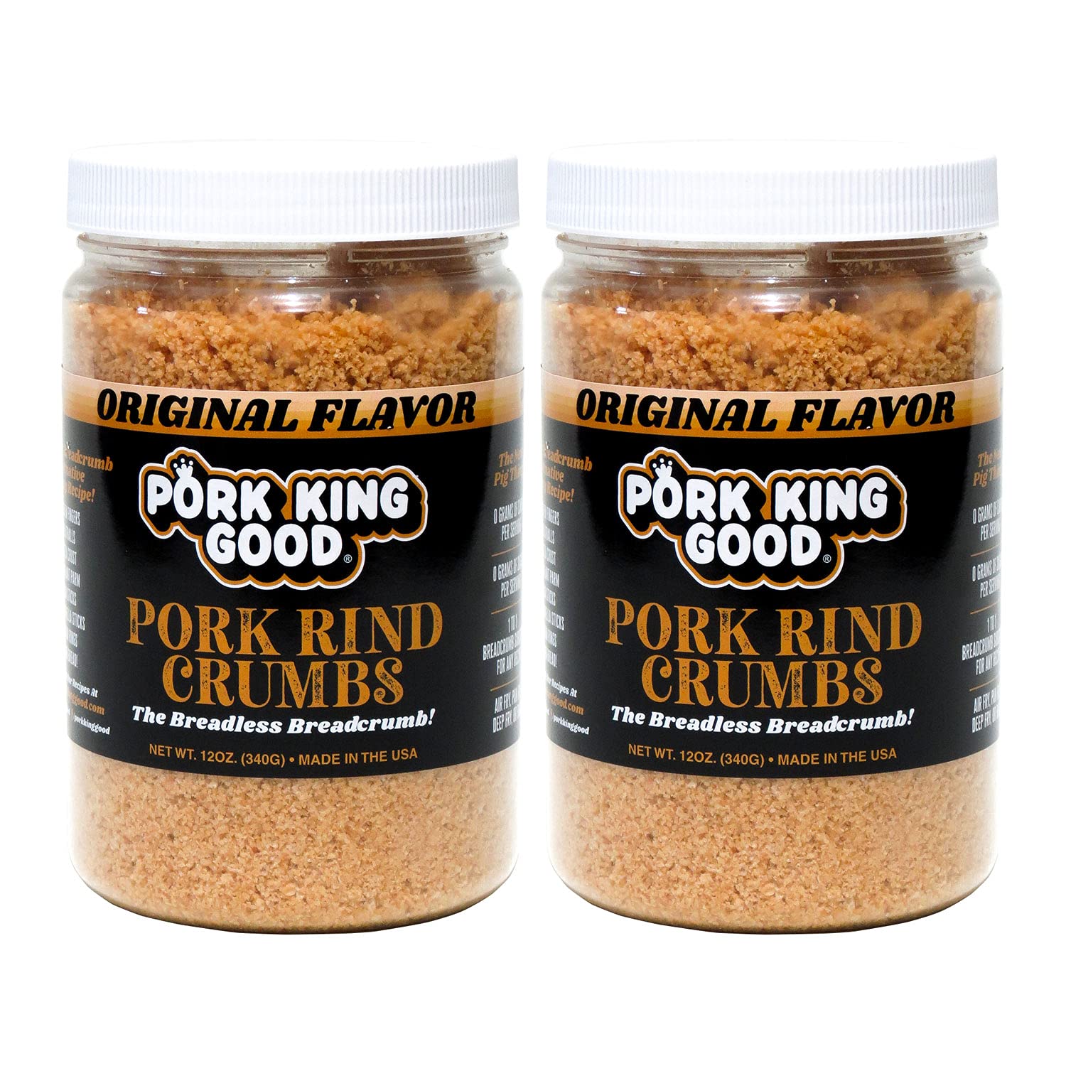 Pork King Good - Pork Rind Breadcrumbs - 2 Pack! Keto Friendly, Paleo, Gluten-Free, Sugar Free, Zero Carb Panko Substitute (Two 12 Oz Jars) (Original, 2 Pack)
