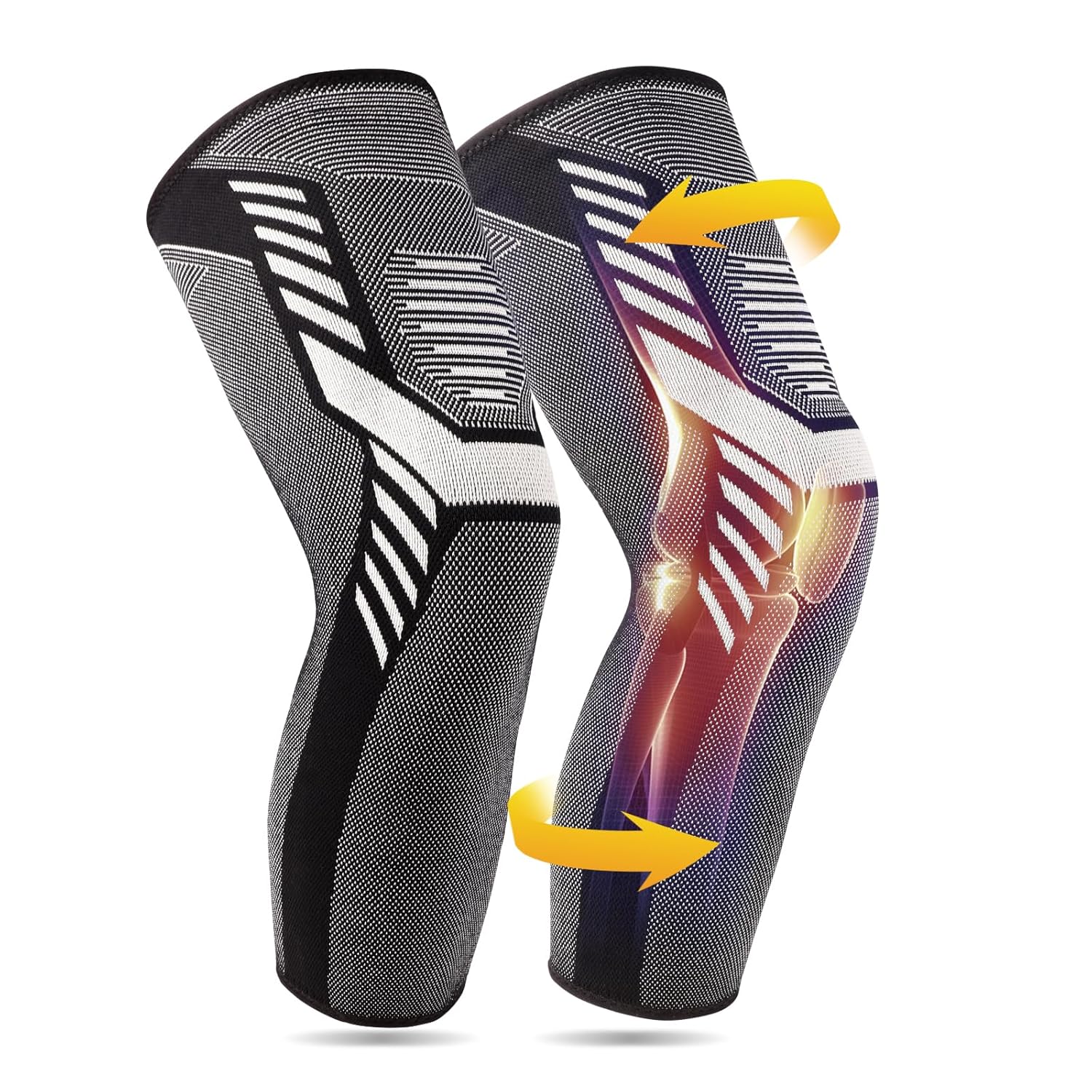 yeloumiss Full Leg Compression Sleeve 1 Pair Long Knee Braces for Women and Men Knee Support with Non Slip Silicone for Sports Running Arthritis Meniscus Tear Knee Pain (Black, Large)