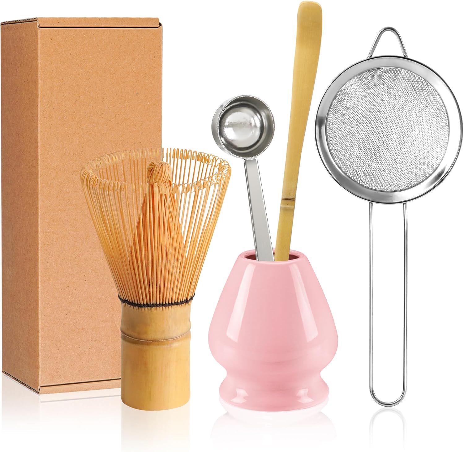 YIBO Matcha Whisk Set Pink, Matcha Making Kit Bamboo Whisk (Chasen), Ceramic Whisk Holder Stand, Sifter, Scoop Japanese Tea Tools For Ceremony Gift