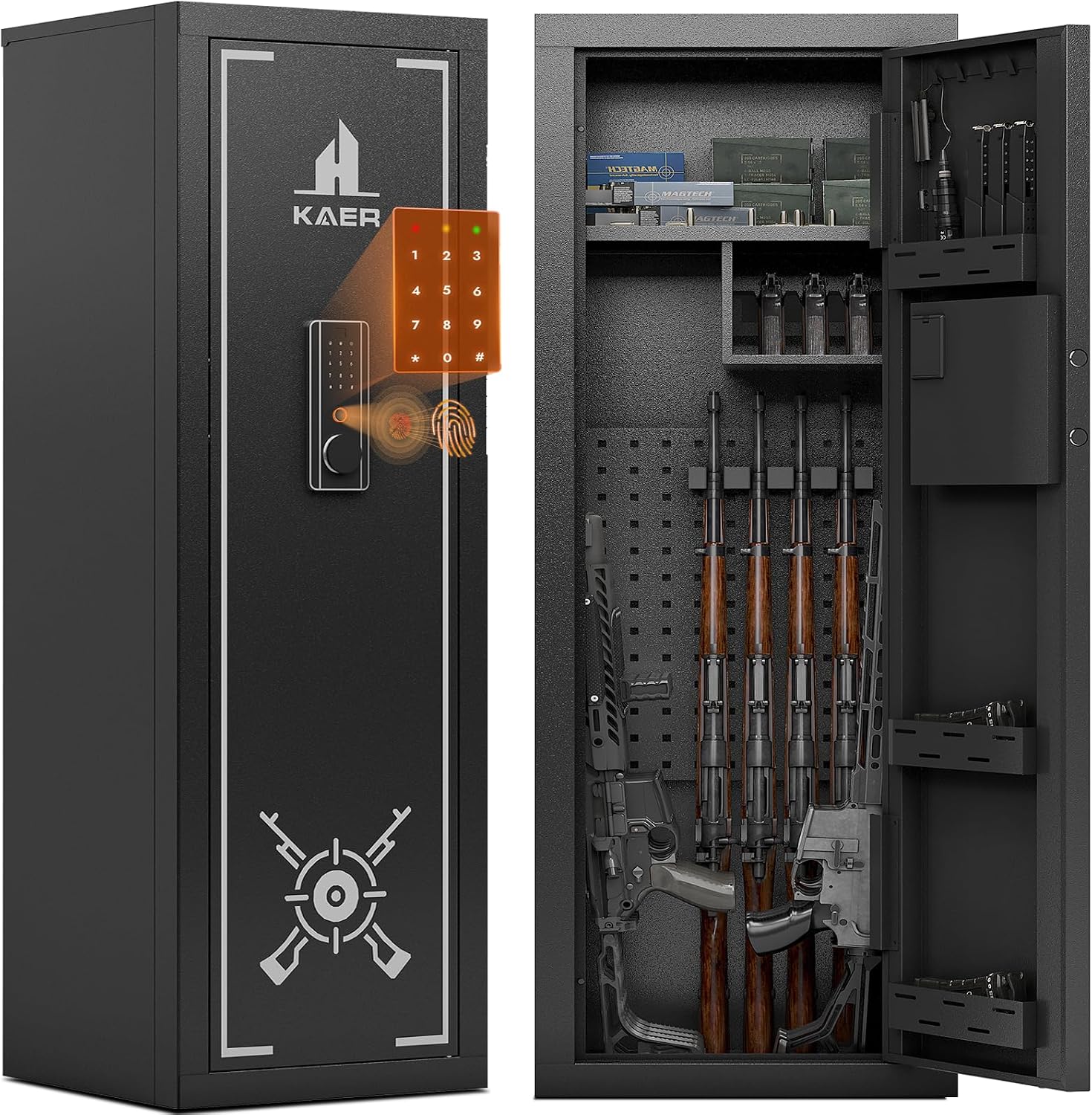 KAER Biometric Gun Safes for Rifles and Pistols Can Storage 15-16 Firearms with Adjustable Pistol Cabinets &Stocks Gun Safe with Fingerprint Lock Silent Alarm Mode