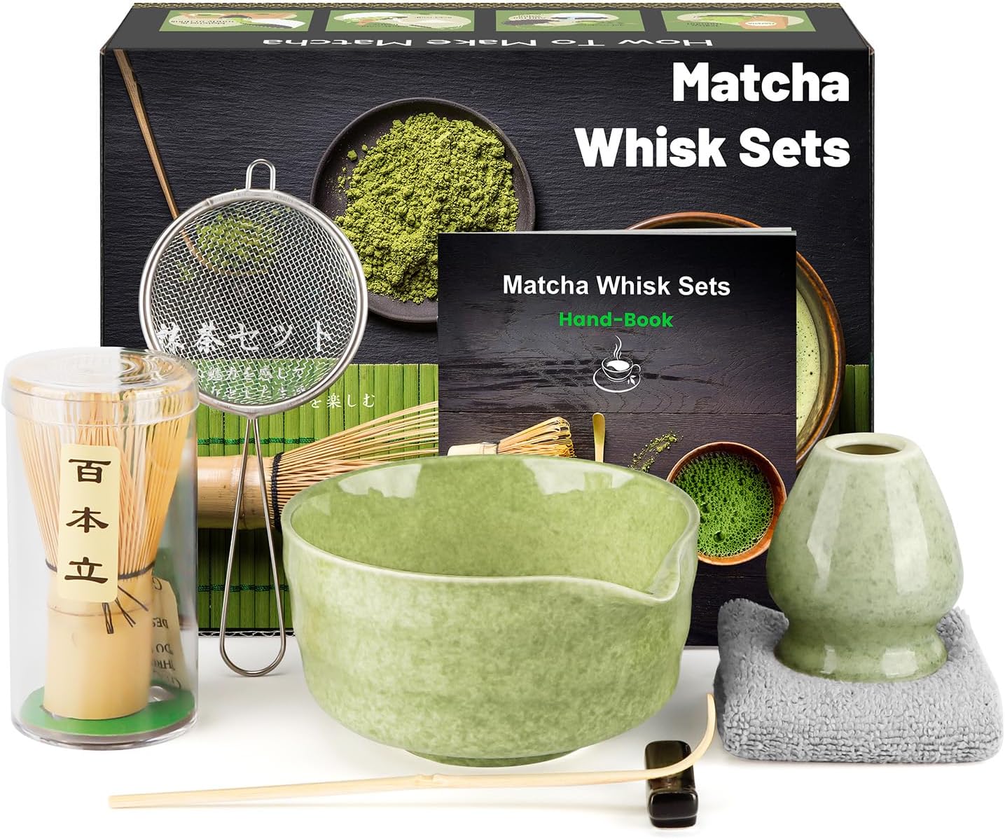 7 Pieces Japanese Matcha Set, Natural Bamboo Matcha Whisk, Matcha Bowl, Bamboo Scoop, Strainer, Tea Towel, Whisk Holder, Complete Matcha Kit, Gift Set for Beginners and Enthusiasts, Spotted Green