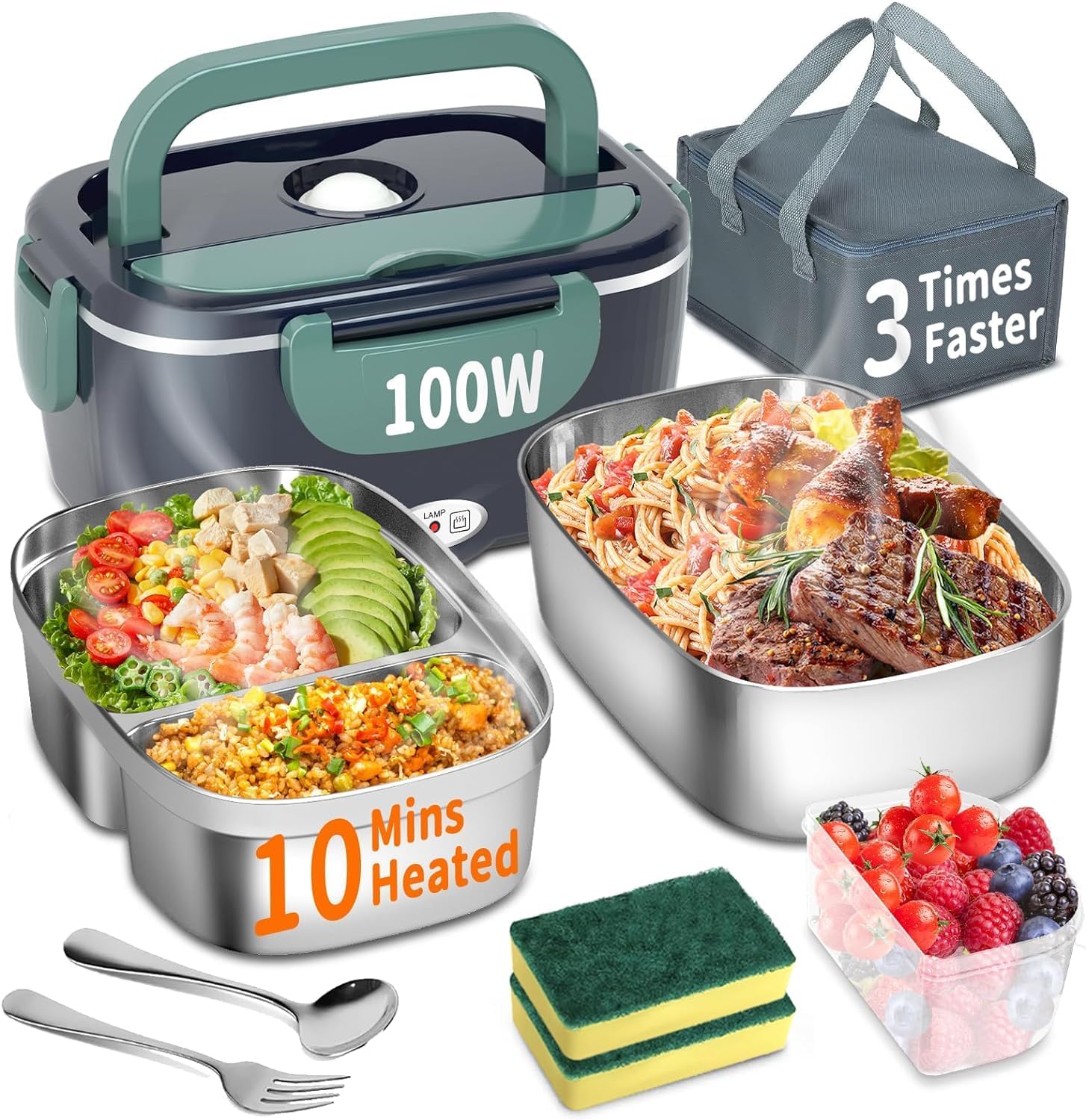 Electric Heated Lunch Box 100W - 3-in-1 Fast Heating Lunch Boxes Portable for Adults, 12V/24V/220V with 2 Pack Containers (Single & Compartment) for Car Truck Office (3 Times Faster), Navygreen