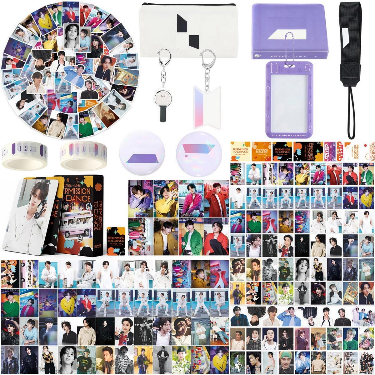 Army Fans Gifts Set Merch, Including 55 Postcards, 93 Stickers, 2 Keychain, 2 Pin Badge, 2 Paper Tape,Photocards Binder, ID Badge Holder, Lanyard and Coin Pouc
