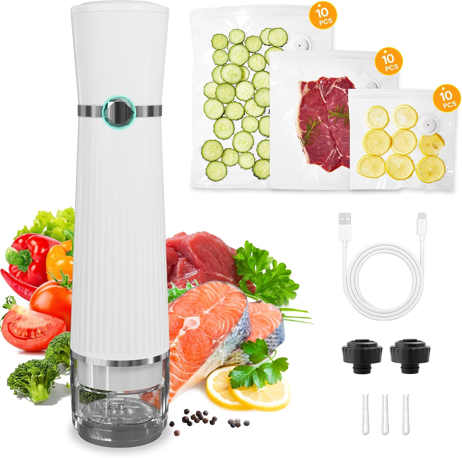 Sunvivi Portable Vacuum Sealer Machine for Food Storage & Preservation – Automatic Air Sealing System with Reusable Bags & Kitchen Accessories – Handheld Food Saver for Home, Sous Vide, White