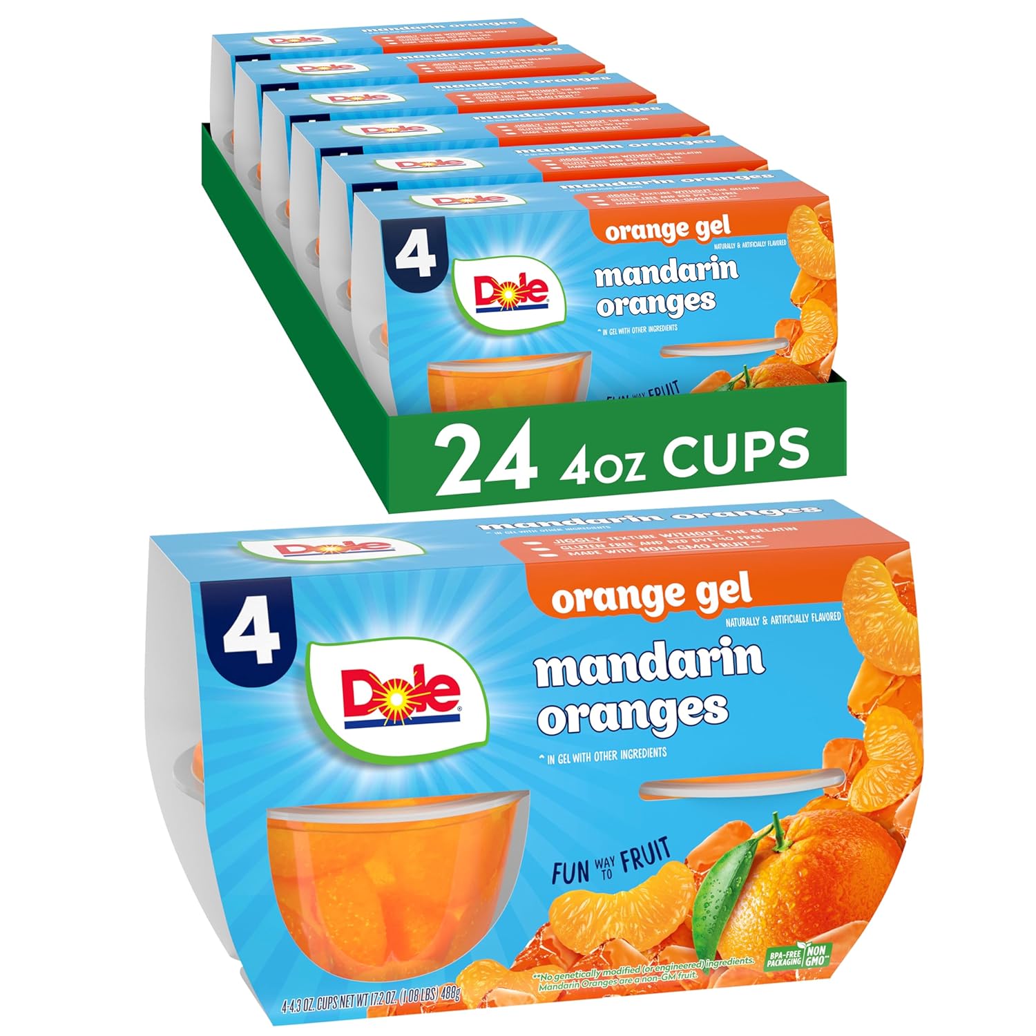 Dole Fruit Bowls Mandarins in Orange Flavored Gel Snacks, 4.3oz 24 Total Cups, Gluten & Dairy Free, Bulk Lunch Snacks for Kids & Adults