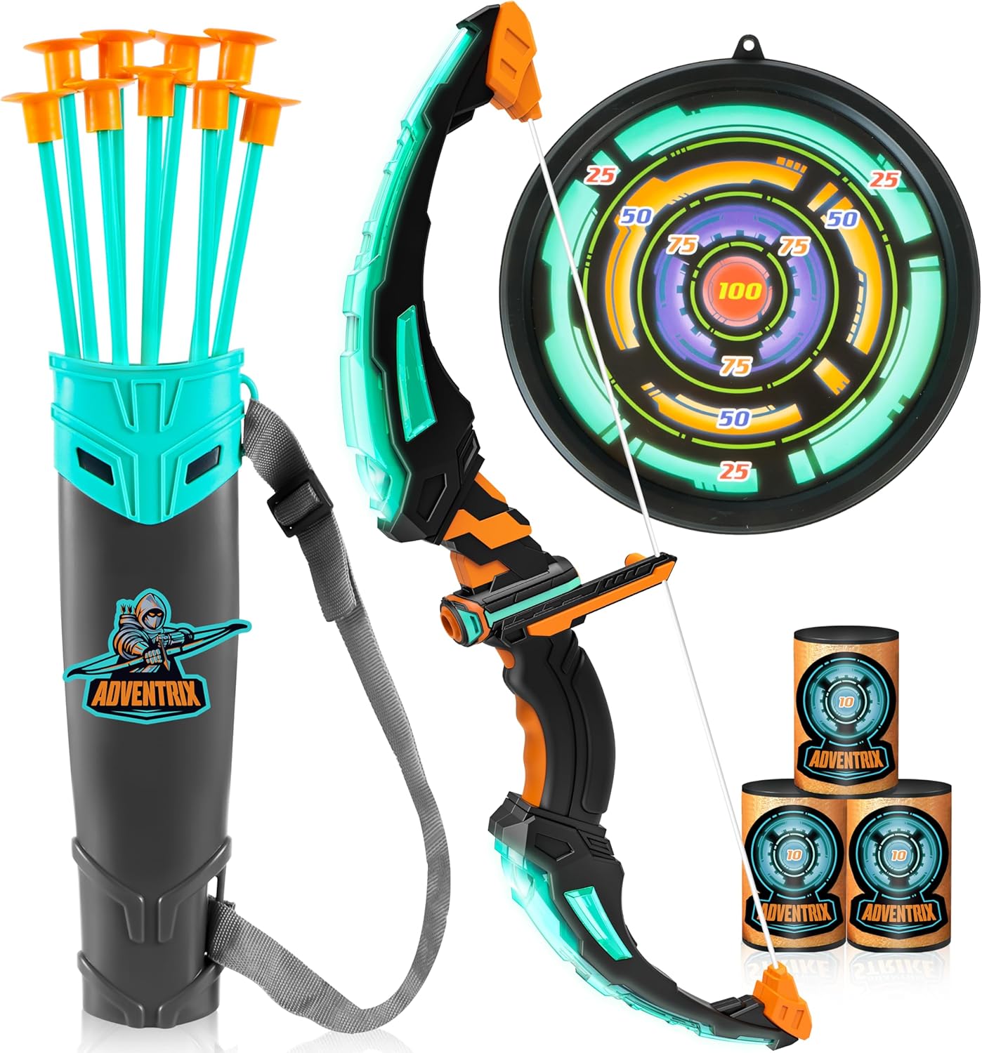 JOYIN Bow and Arrow Archery Toy Set with Flashing LED Lights for Kids, Light Up Archery Play Set with Luminous Bow, 9 Suction Cups Arrows, Targets, and Quiver (Black Green)