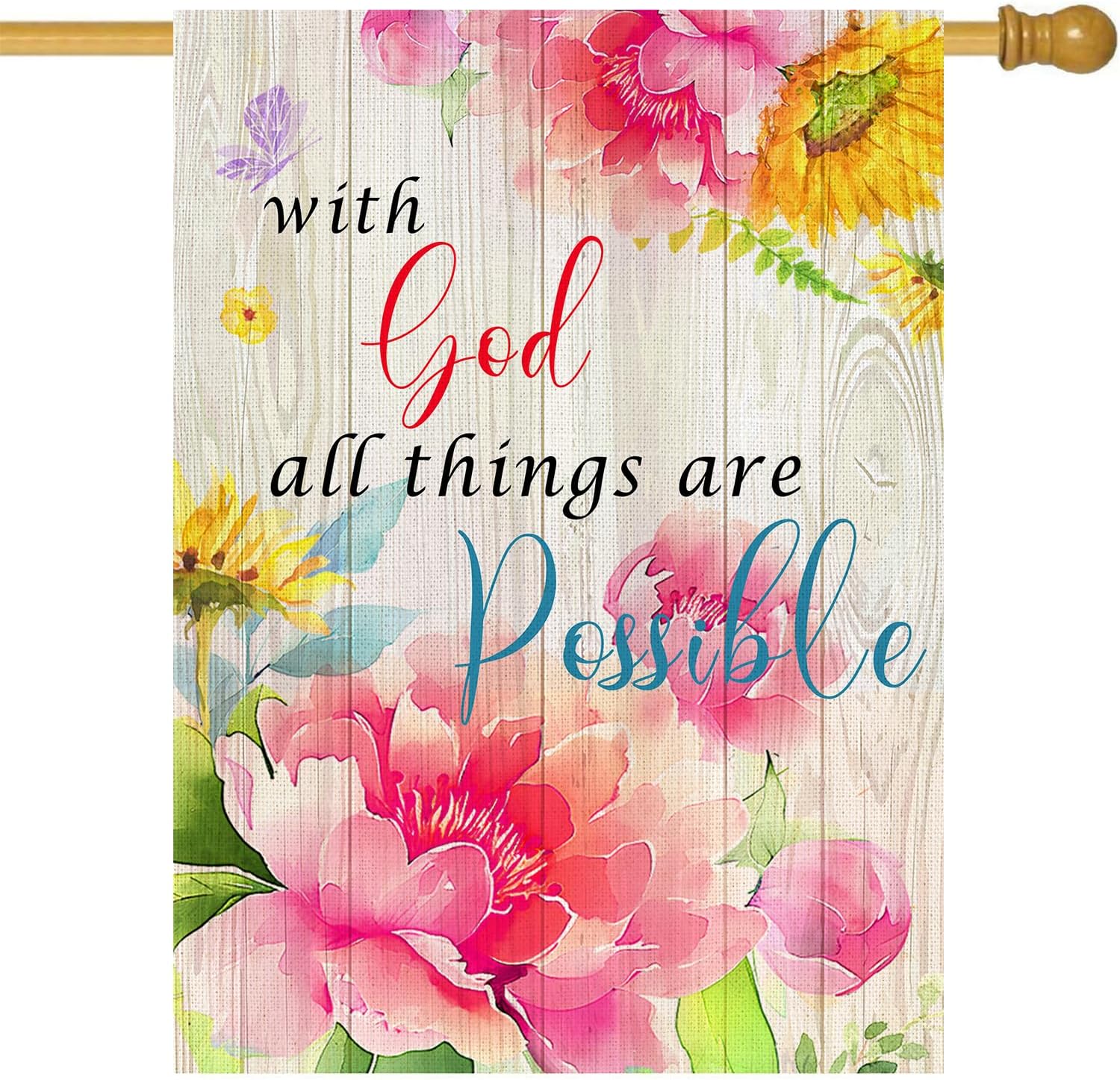 With God All Things Are Possible Spring Summer Floral Garden Flag 12x18 Inch, Double Sided Welcome Garden Flag, Peony flowers Butterfly Outdoor Outside Patio Farmhouse Lawn Yard Decoration