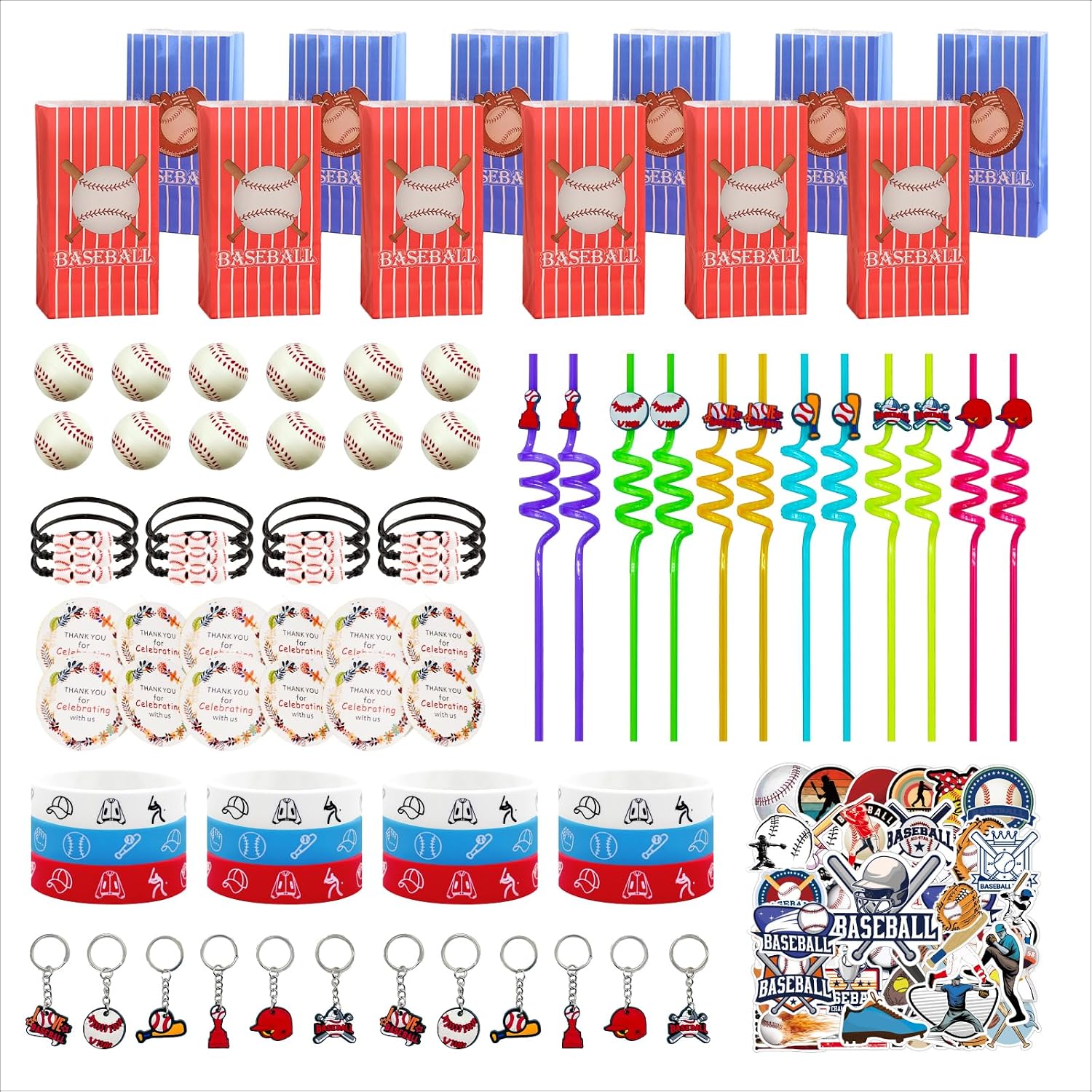 134 PCS Baseball Goodie Bags Favors with Straws, Keychains, Mini Baseballs, Wristbands, Bracelets, Stickers, Thank You Cards, Multi-Item Party Favor Packs, Party Favors
