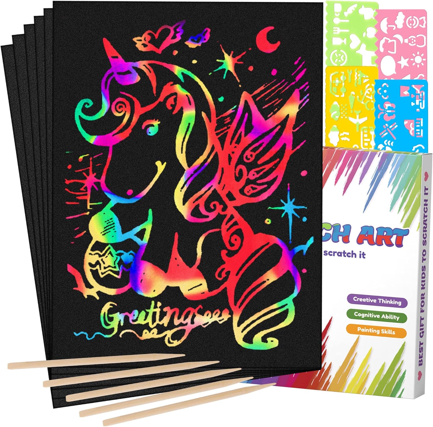 Mocoosy 60 Pcs Rainbow Scratch Art Paper for Kids, Magic Scratch Paper Set Art Craft Kit Black Scratch Sheets Birthday Party Games Preschool Activities Gifts for Girls Boys Ages 4-8 8-12