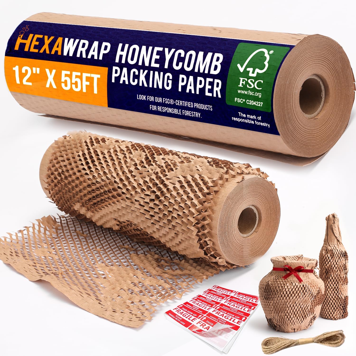 Honeycomb Packing Paper 12" x 55ft with Rope & 20 Fragile Stickers|Shipping & Moving Supplies|Small Business Packaging Supplies|Eco Friendly Bubble Wrap Packing Boxes for Moving