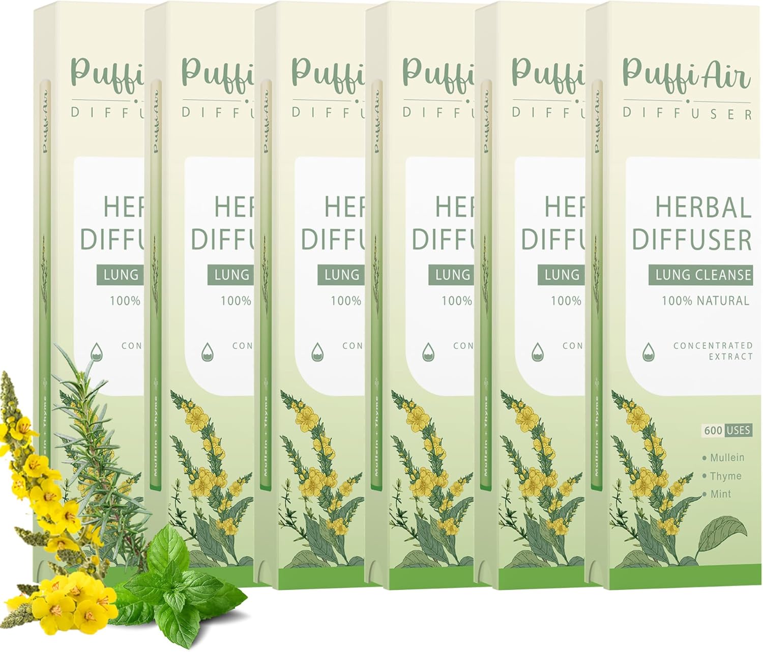 Herbal Diffuser Pen with Extracts of Mullein, Thyme and Mint for Lung Cleansing, Breathing Improvement, Oral Air Freshening and Quitting Bad Habit - 600 Uses (Green, 3600uses, Mint)