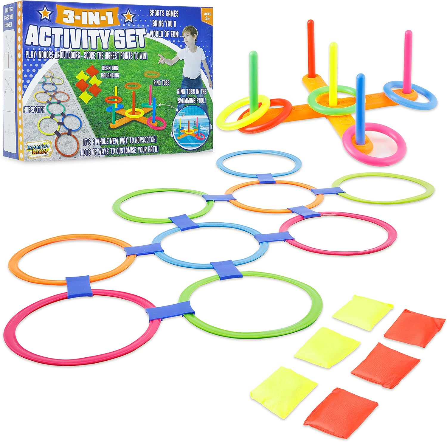 Outdoor Games for Kids and Adults 6 in 1 or 3 in 1, PE Sports Day Sack Race Flying Disc Tug of War Throwing Bean Bags Tin Can Alley Egg and Spoon Race Ring Toss