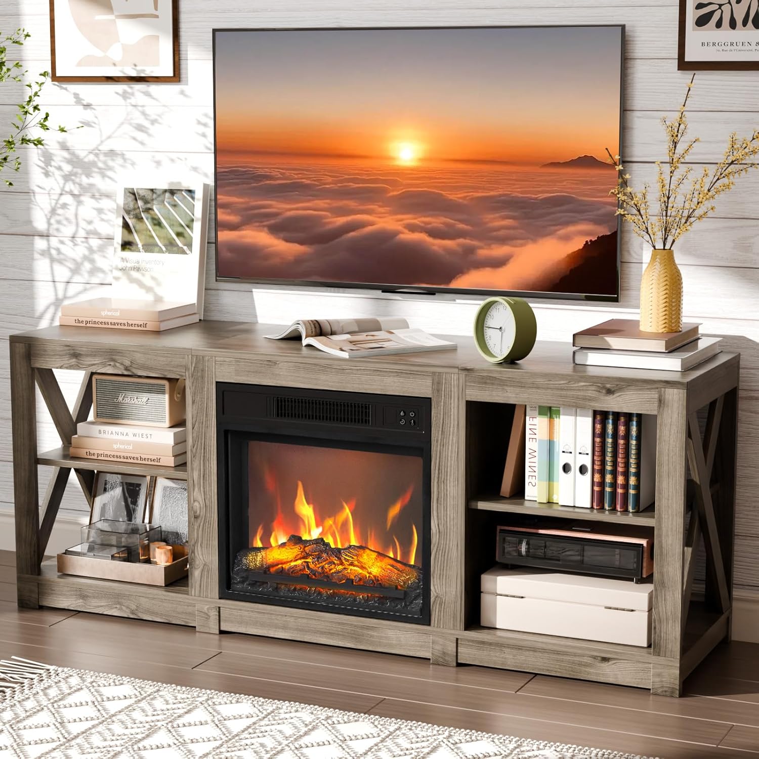 VINGLI Fireplace TV Stand for TVs up to 70'', Farmhouse Fireplace Entertainment Center with Adjustable Shelves, Media Entertainment Center Console Table, Gray Oak