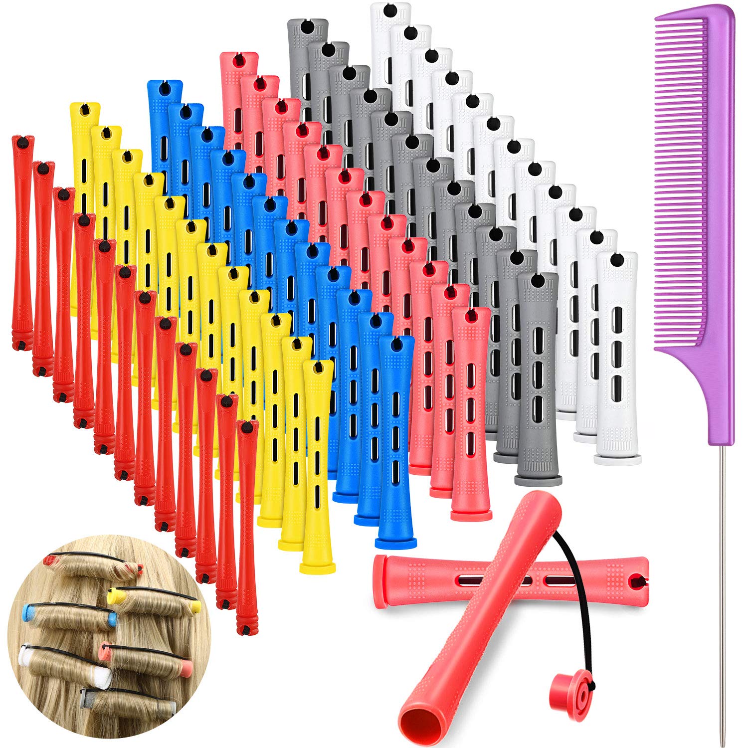 WILLBOND 72 Pieces Hair Perm Rods Set, Short Plastic Perming Rods Cold Wave Rods 6 Sizes Hair Curling Rollers with 1 Piece Steel Pintail Hair Comb for Hairdressing Hair Styling