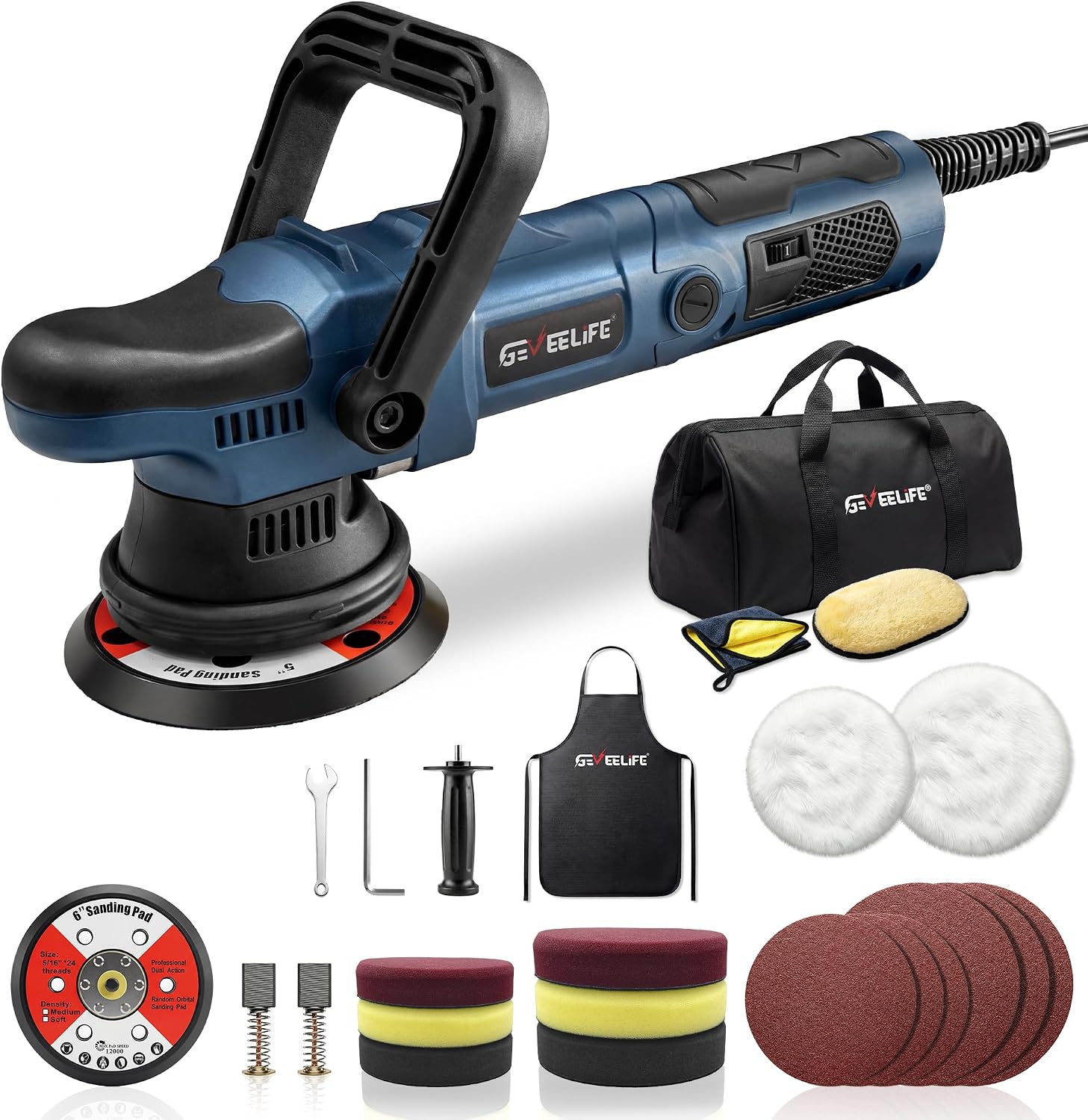 GEVEELIFE Buffer Polisher, 15mm Dual Action Random Orbital Polisher, 5 Inch/6 Inch Car Detailing Kit, 6 Variable Speed 2000-5200 RPM – Professional Car Buffer for Trucks and SUVs